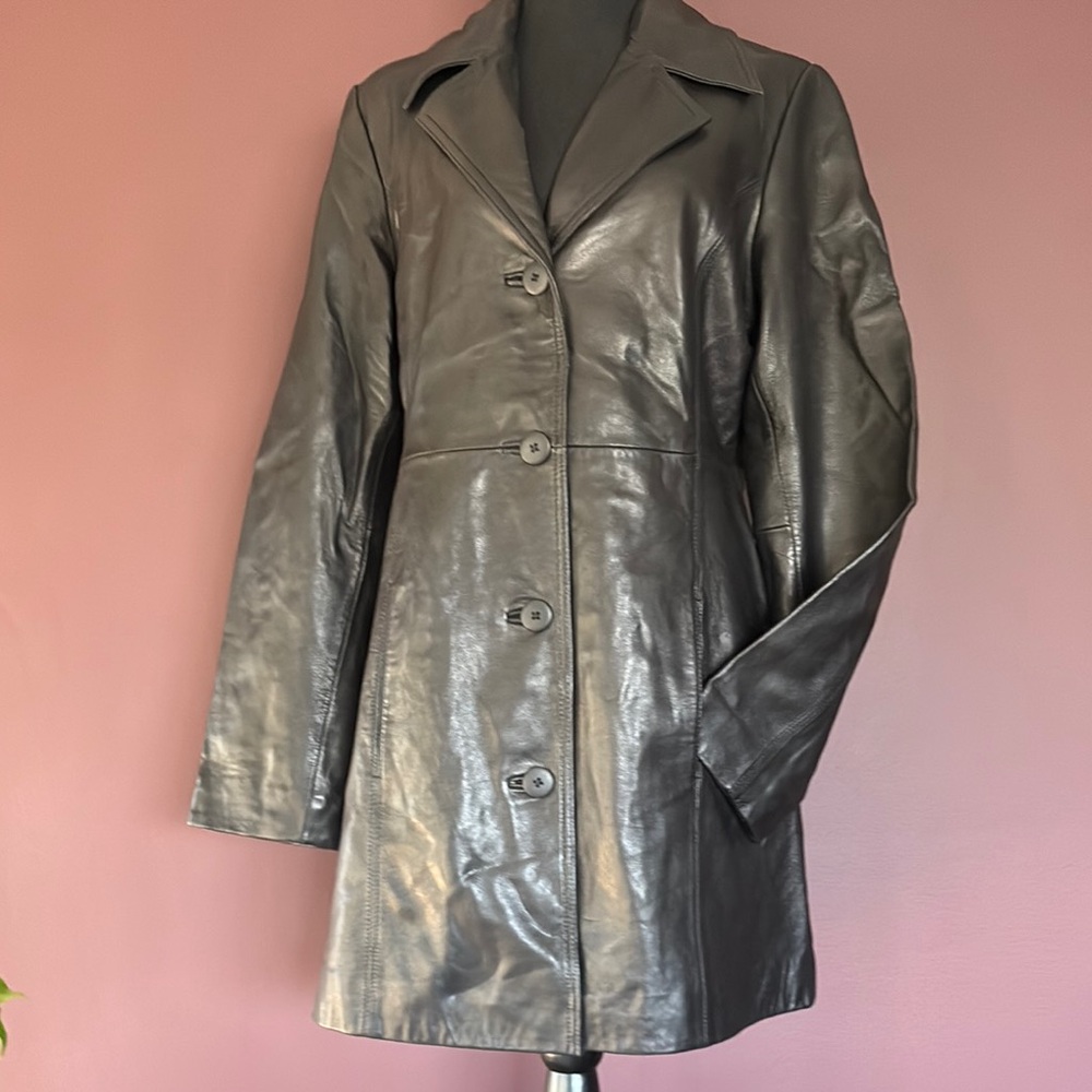 Apt. 9 Black Leather Vintage Jacket with Glossy Finish and Wide Lapel
